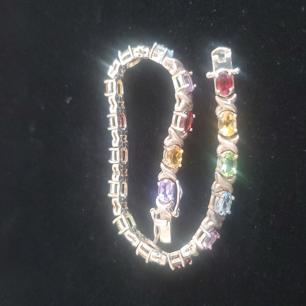 925 Sterling Silver Multi Gemstone Tennis Bracelet Overtone Vintage - Picture 3 of 15